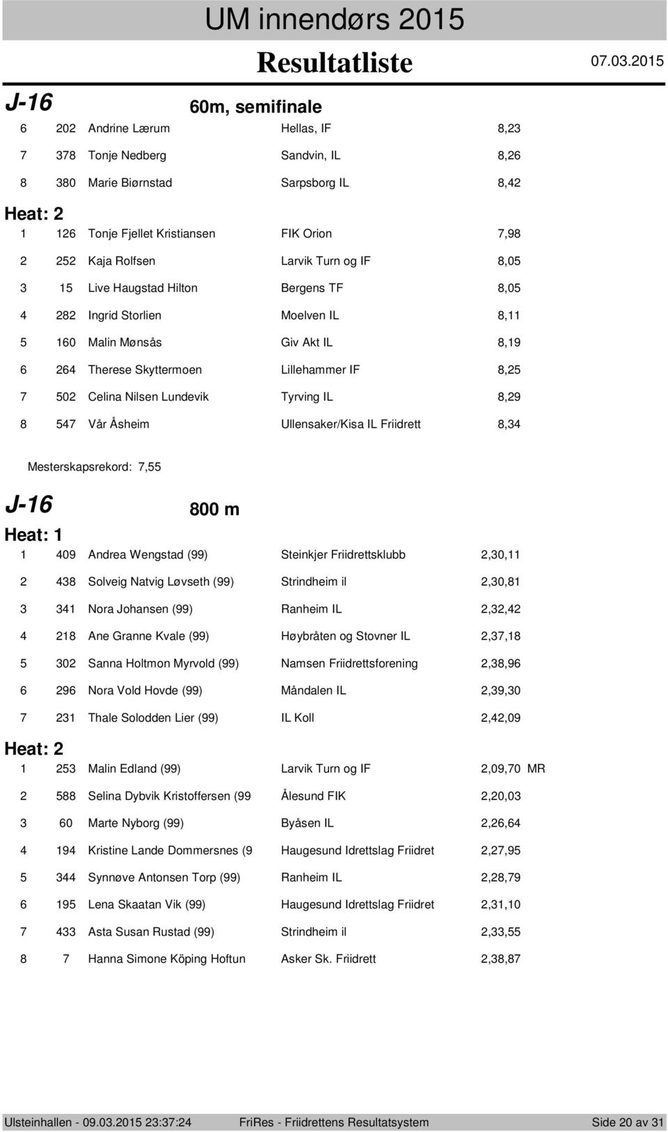 Friidrett, Mesterskapsrekrd:, J- 00 m Heat: 09 Andrea Wengstad (99) Steinkjer Friidrettsklubb,0, Slveig Natvig Løvseth (99) Strindheim il,0, Nra Jhansen (99) Ranheim IL,, Ane Granne Kvale (99)