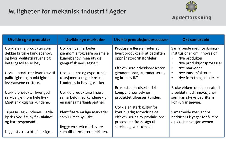 Utvikle produkter hvor god service gjennom hele livsløpet er viktig for kundene. Tilpasse seg kundenes verdikjeder ved å tilby fleksibilitet og kort responstid. Legge større vekt på design.