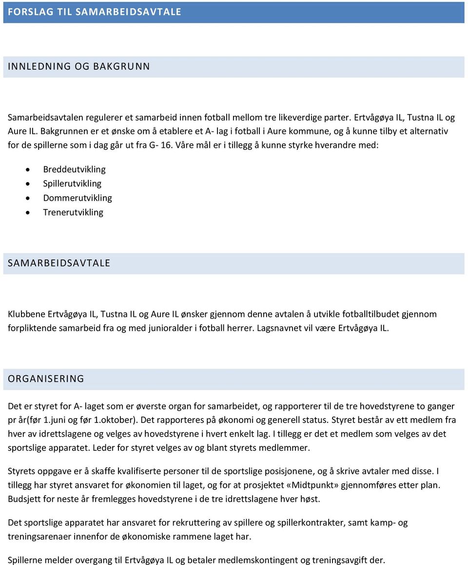 Våre mål er i tillegg å kunne styrke hverandre med: Breddeutvikling Spillerutvikling Dommerutvikling Trenerutvikling SAMARBEIDSAVTALE Klubbene Ertvågøya IL, Tustna IL og Aure IL ønsker gjennom denne