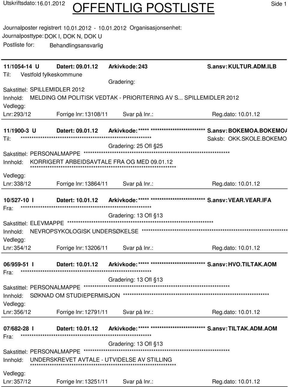 SKOLE.BOKEMOA.RJ 25 Ofl 25 Sakstittel: PERSONALMAPPE Innhold: KORRIGERT ARBEIDSAVTALE FRA OG MED 09.01.12 Lnr: 338/12 Forrige lnr: 13864/11 Svar på lnr.: Reg.dato: 10.01.12 10/527-10 I Datert: 10.01.12 Arkivkode:***** ****************************** S.