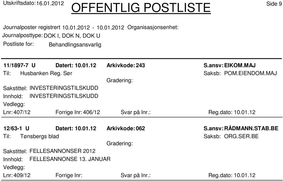 dato: 10.01.12 12/63-1 U Datert: 10.01.12 Arkivkode:062 S.ansv: RÅDMANN.STAB.BE Til: Tønsbergs blad Saksb: ORG.SER.