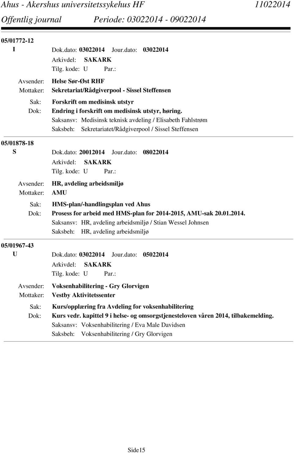 Saksansv: Medisinsk teknisk avdeling / Elisabeth Fahlstrøm Saksbeh: Sekretariatet/Rådgiverpool / Sissel Steffensen 05/01878-18 S Dok.dato: 20012014 Jour.dato: 08022014 Tilg. kode: U Par.