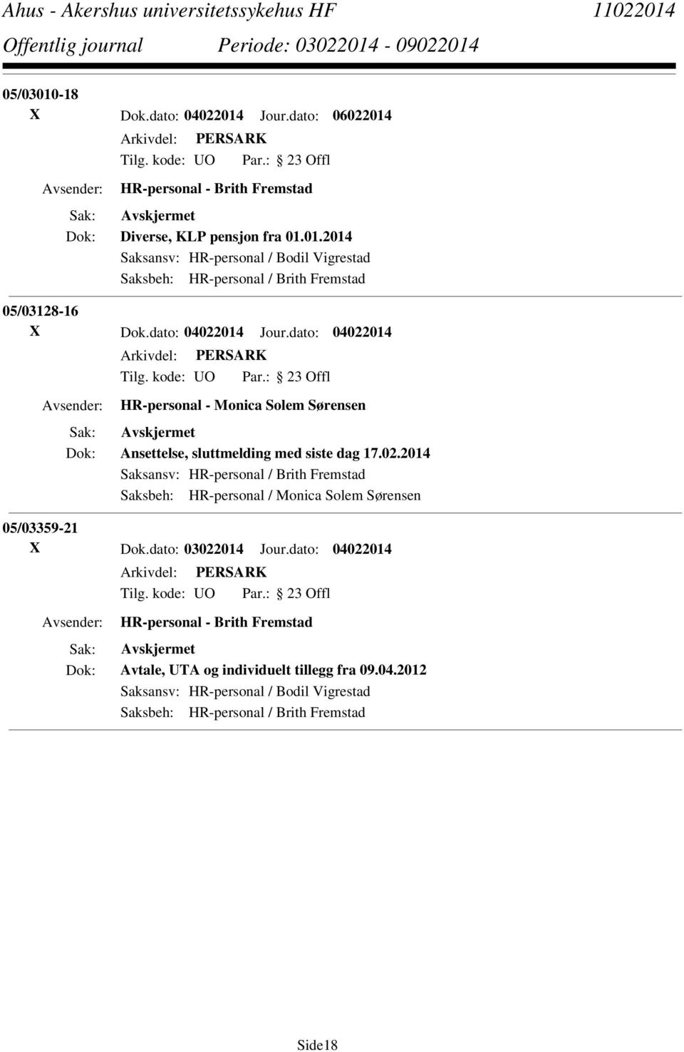 dato: 03022014 Jour.dato: 04022014 HR-personal - Brith Fremstad Avtale, UTA og individuelt tillegg fra 09.04.2012 Saksansv: HR-personal / Bodil Vigrestad Saksbeh: HR-personal / Brith Fremstad Side18