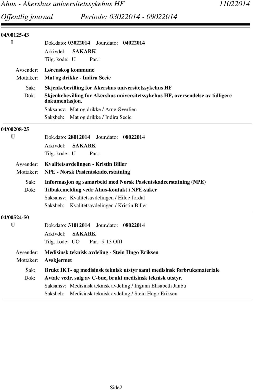 Saksansv: Mat og drikke / Arne Øverlien Saksbeh: Mat og drikke / Indira Secic 04/00208-25 U Dok.dato: 28012014 Jour.dato: 08022014 Tilg. kode: U Par.