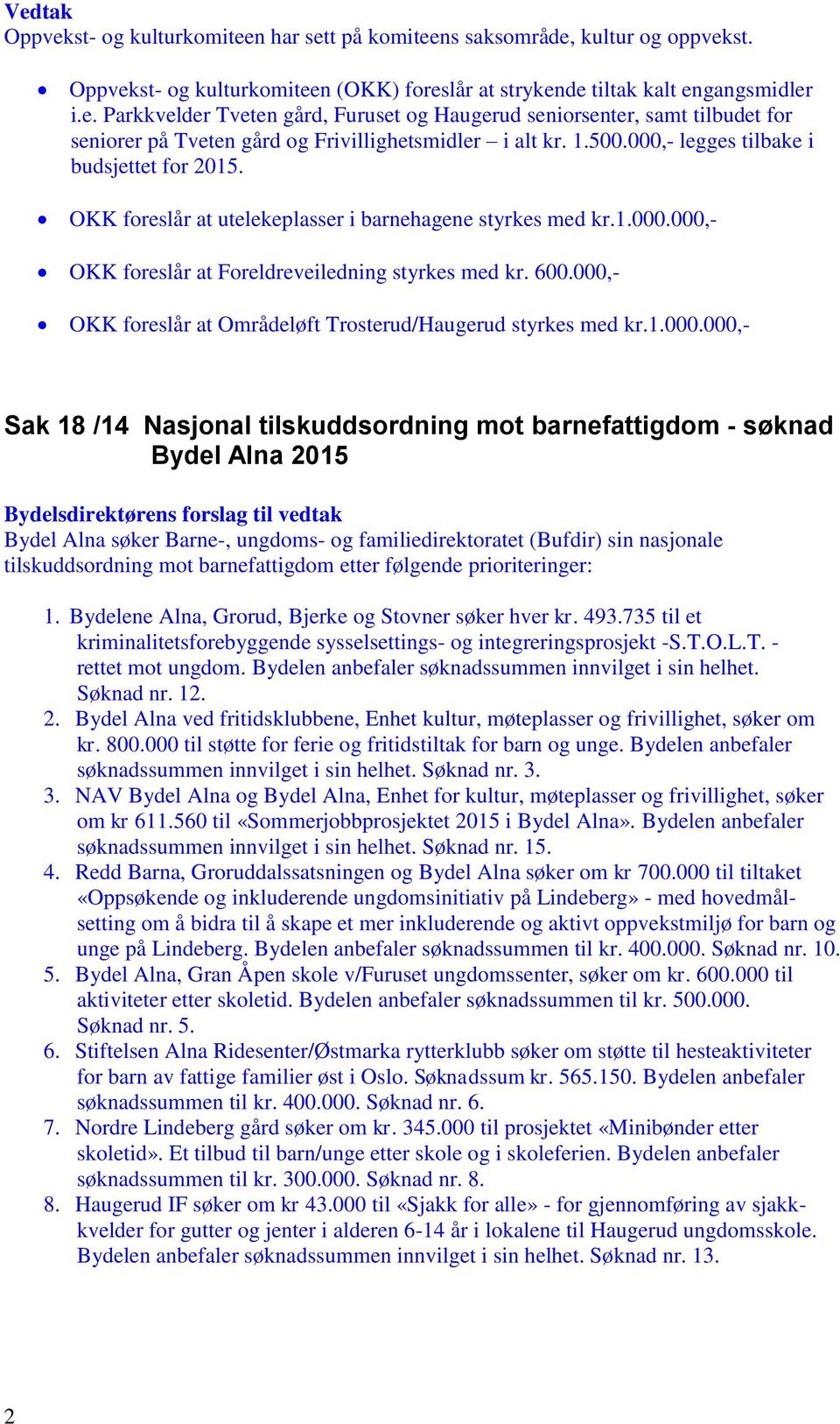 000,- OKK foreslår at Områdeløft Trosterud/Haugerud styrkes med kr.1.000.000,- Sak 18 /14 Nasjonal tilskuddsordning mot barnefattigdom - søknad Bydel Alna 2015 Bydelsdirektørens forslag til vedtak