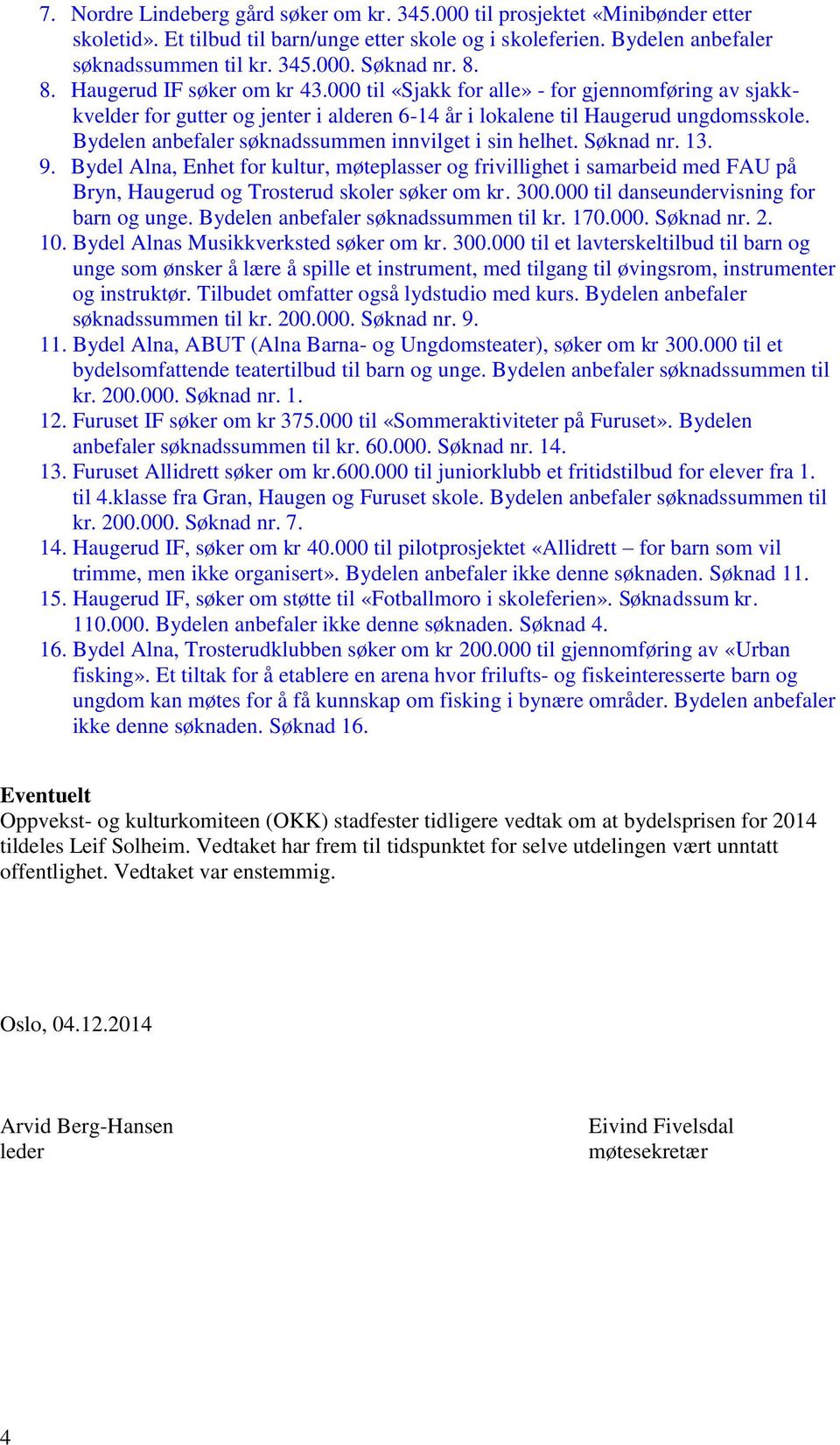 Bydelen anbefaler søknadssummen innvilget i sin helhet. Søknad nr. 13. 9.