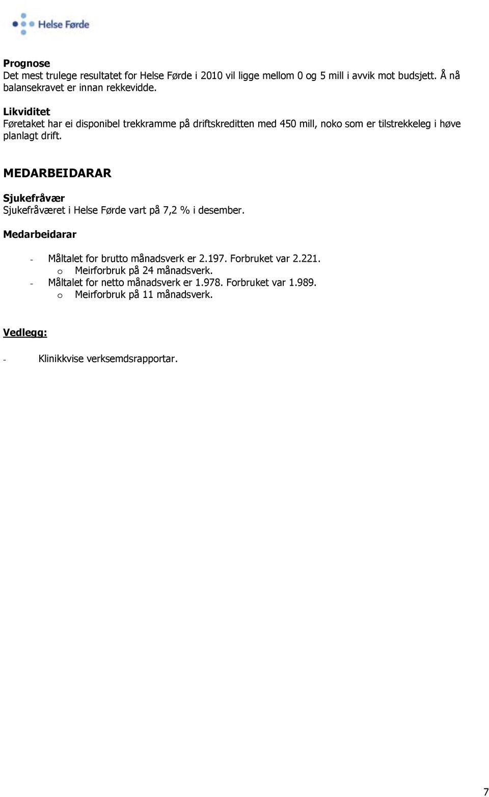 MEDARBEIDARAR Sjukefråvær Sjukefråværet i Helse Førde vart på 7,2 % i desember. Medarbeidarar - Måltalet for brutto månadsverk er 2.197. Forbruket var 2.