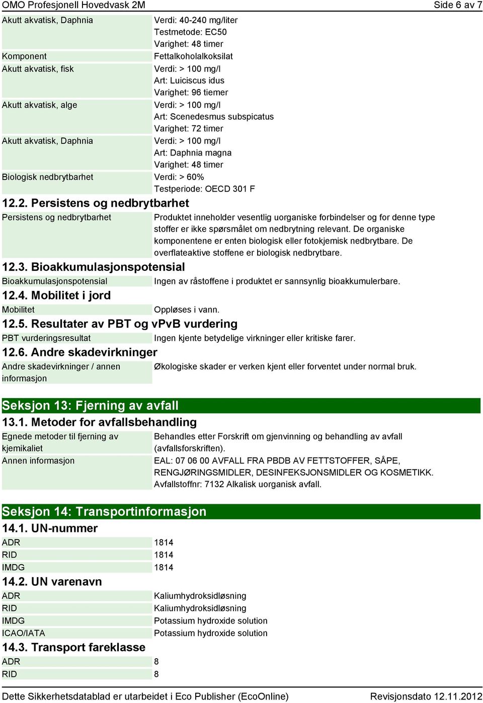 timer Biologisk nedbrytbarhet Verdi: > 60% Testperiode: OECD 301 F 12.