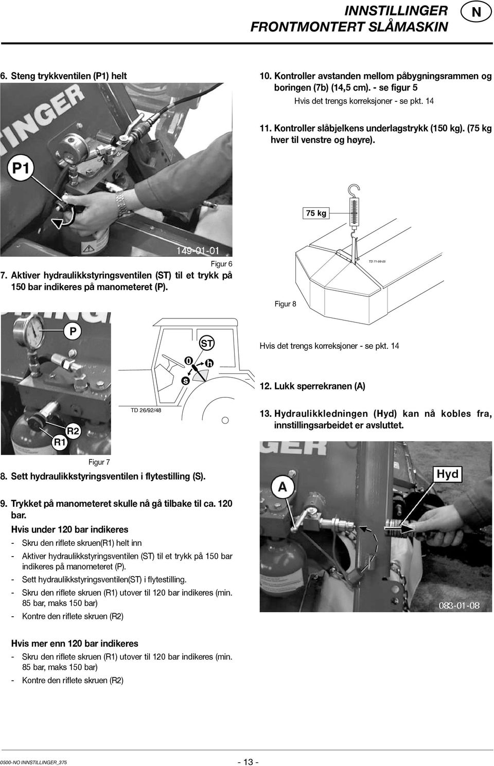 TD 71-98-05 Figur 8 s 0 ST h Hvis det trengs korreksjoner - se pkt. 14 12. Lukk sperrekranen (A) TD 26/92/48 13. hydraulikkledningen (Hyd) kan nå kobles fra, innstillingsarbeidet er avsluttet.