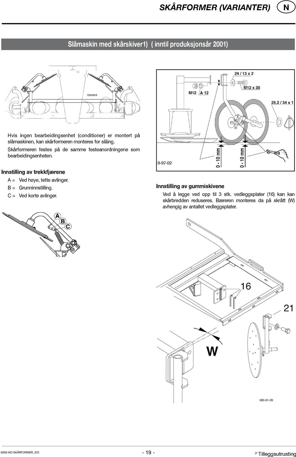 Innstilling av trekkfjærene A = Ved høye, tette avlinger. B = Grunninnstilling. C = Ved korte avlinger.