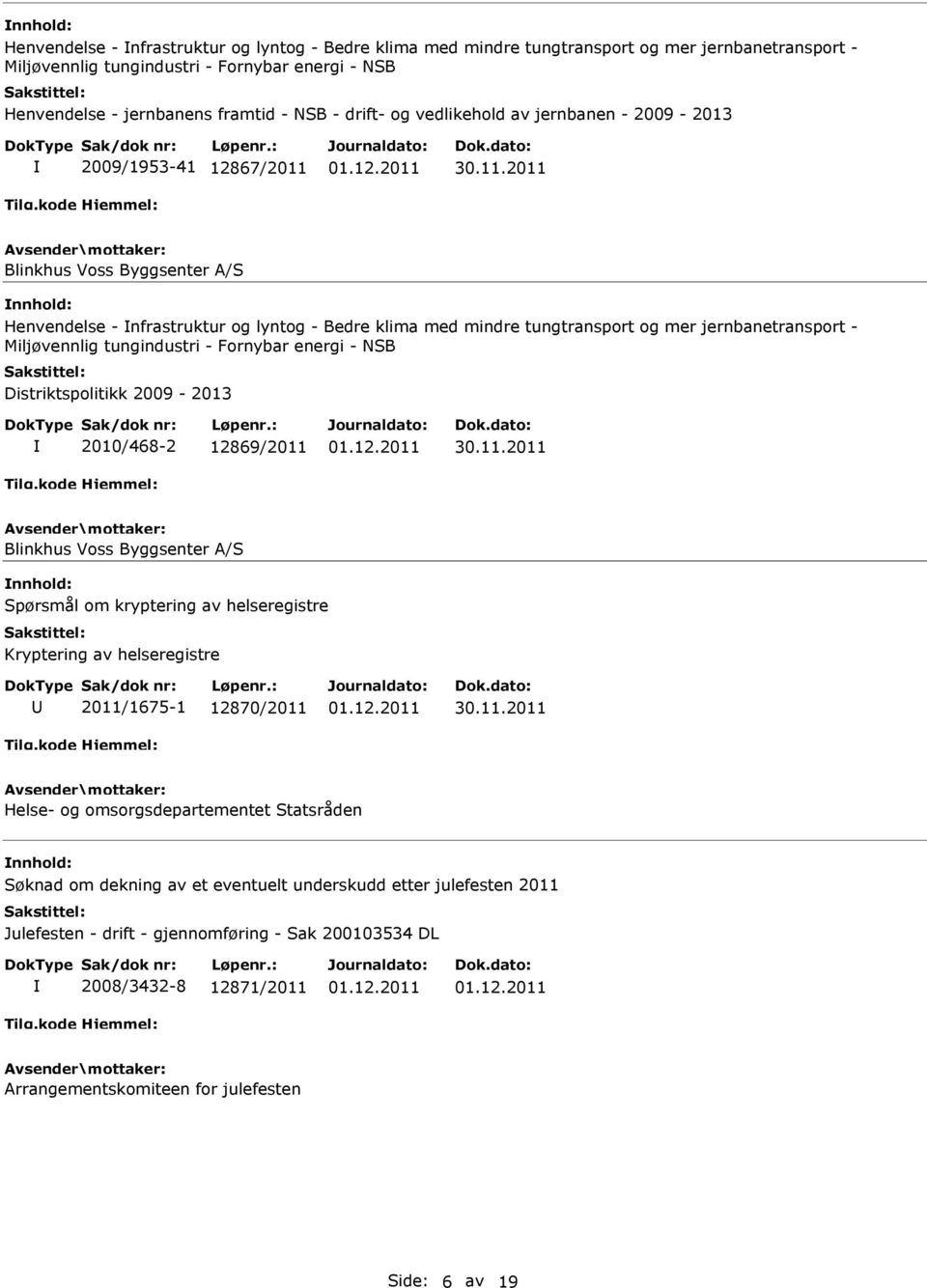 jernbanetransport - Miljøvennlig tungindustri - Fornybar energi - NSB Distriktspolitikk 2009-2013 2010/468-2 12869/2011 Blinkhus Voss Byggsenter A/S Spørsmål om kryptering av helseregistre Kryptering