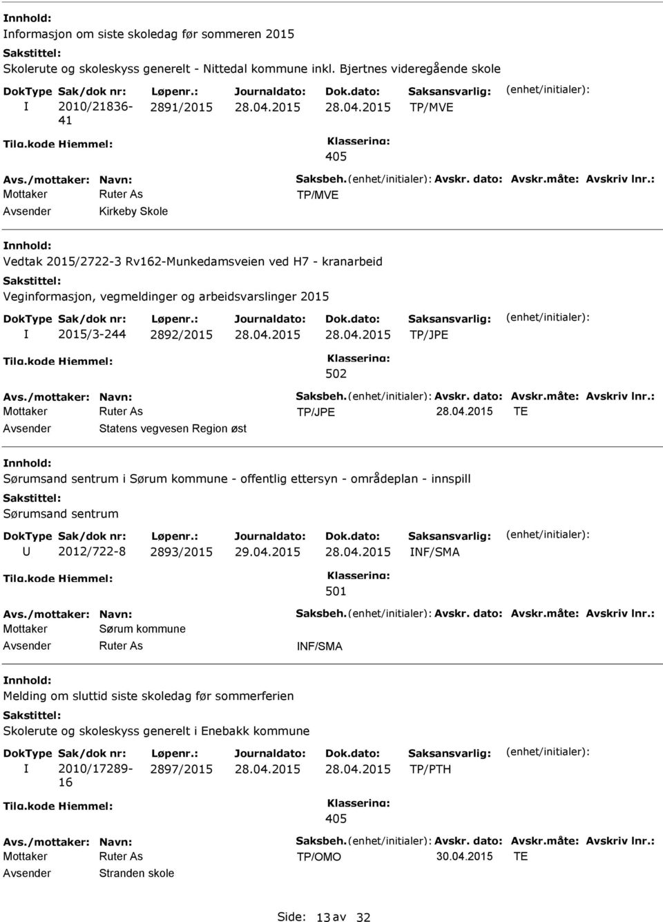 : TP/MVE Kirkeby Skole Vedtak 2015/2722-3 Rv162-Munkedamsveien ved H7 - kranarbeid Veginformasjon, vegmeldinger og arbeidsvarslinger 2015 2015/3-244 2892/2015 Avs.