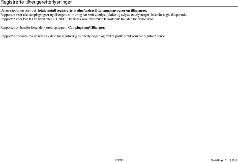 Rapporten viser kun tall fra tiden etter 1.1.2009. Det finnes ikke tilsvarende tallmateriale fra tiden før denne dato.