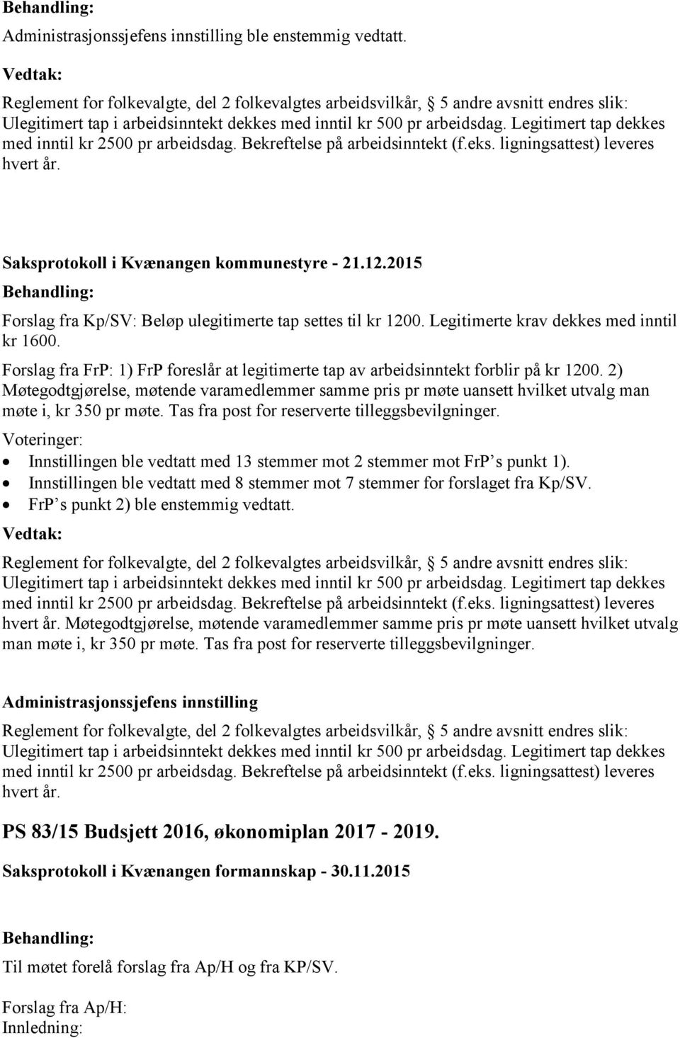 Legitimert tap dekkes med inntil kr 2500 pr arbeidsdag. Bekreftelse på arbeidsinntekt (f.eks. ligningsattest) leveres hvert år. Saksprotokoll i Kvænangen kommunestyre - 21.12.