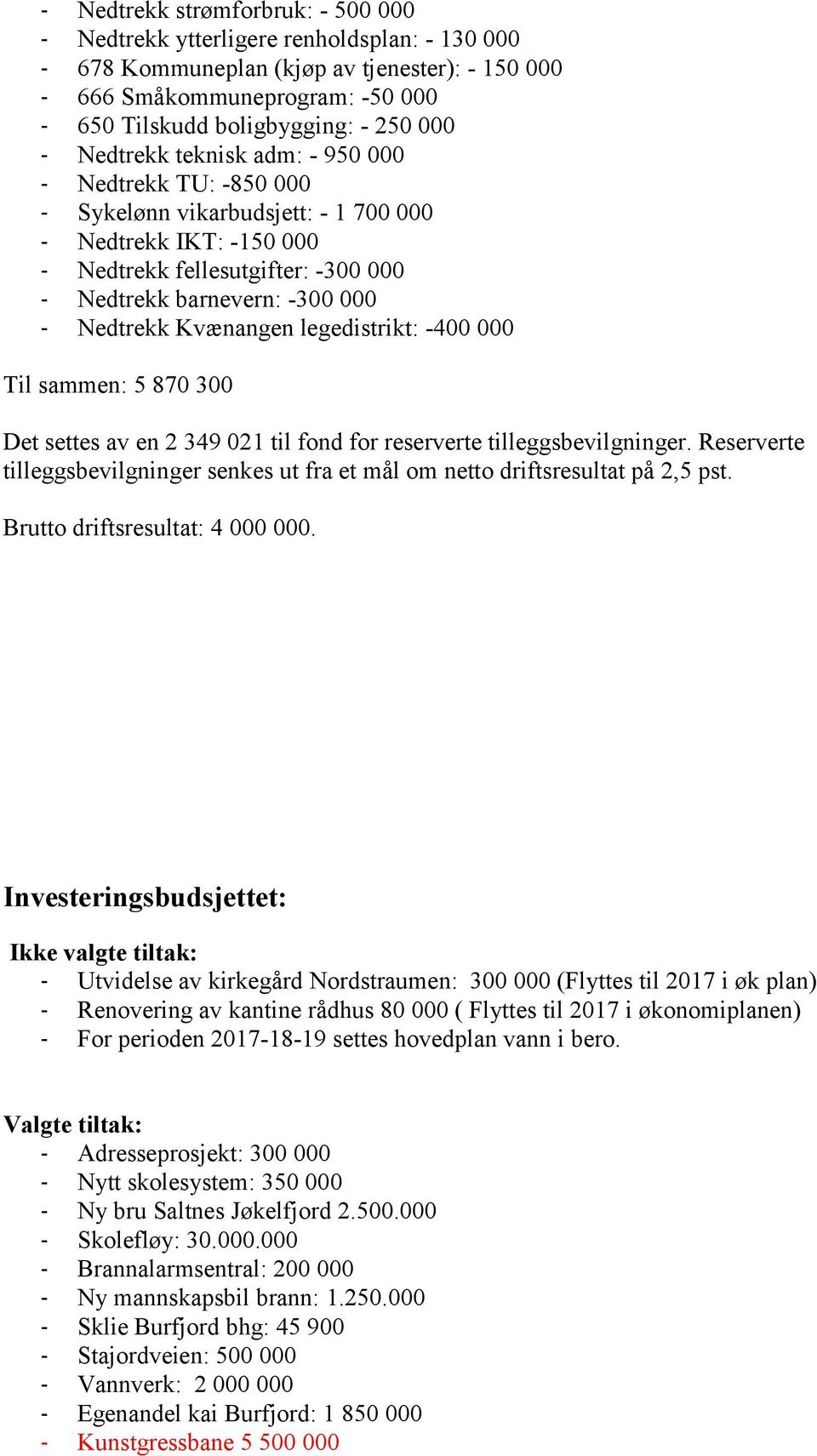 Kvænangen legedistrikt: -400 000 Til sammen: 5 870 300 Det settes av en 2 349 021 til fond for reserverte tilleggsbevilgninger.