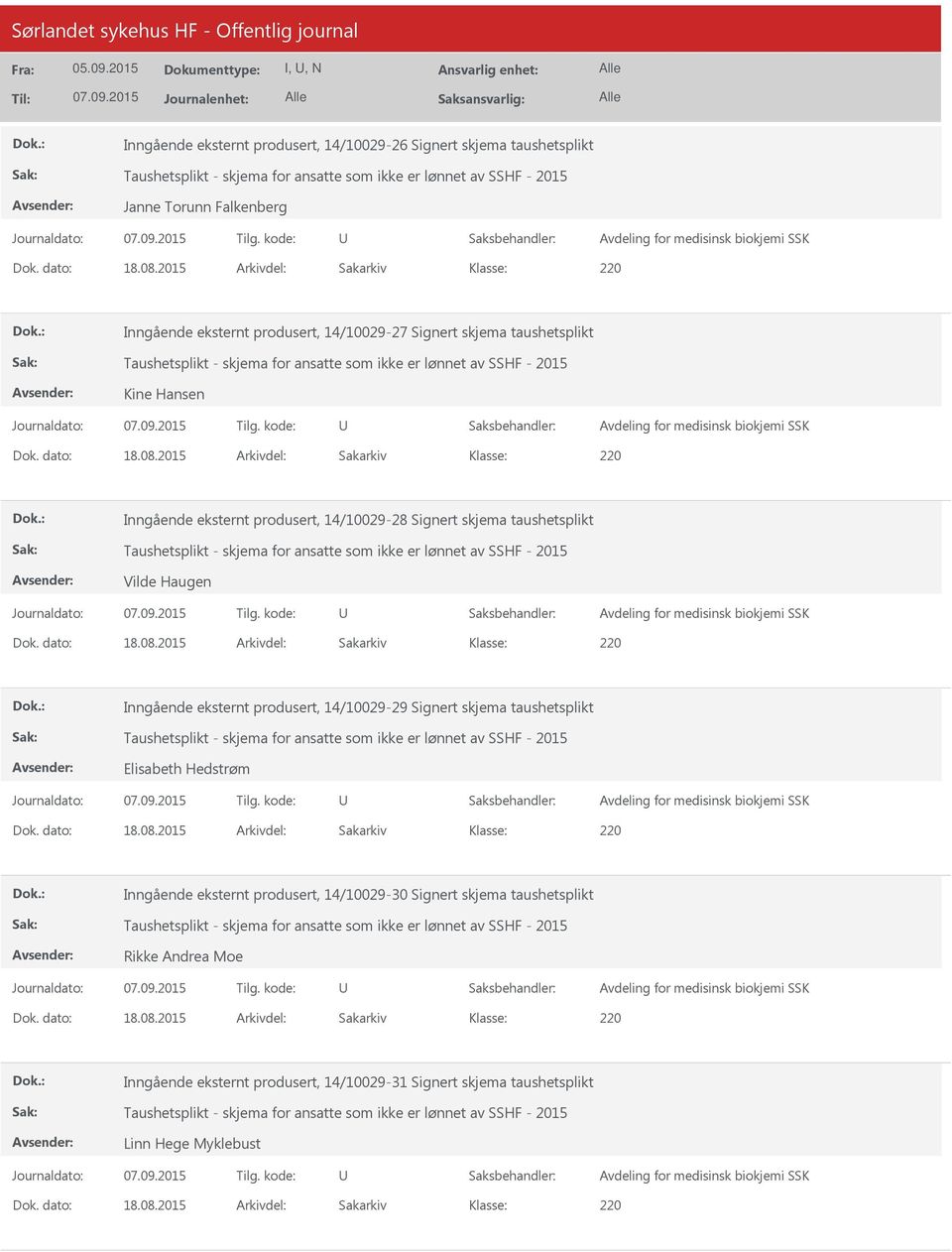 2015 Arkivdel: Sakarkiv Inngående eksternt produsert, 14/10029-27 Signert skjema taushetsplikt Taushetsplikt - skjema for ansatte som ikke er lønnet av SSHF - 2015 Kine Hansen Avdeling for medisinsk