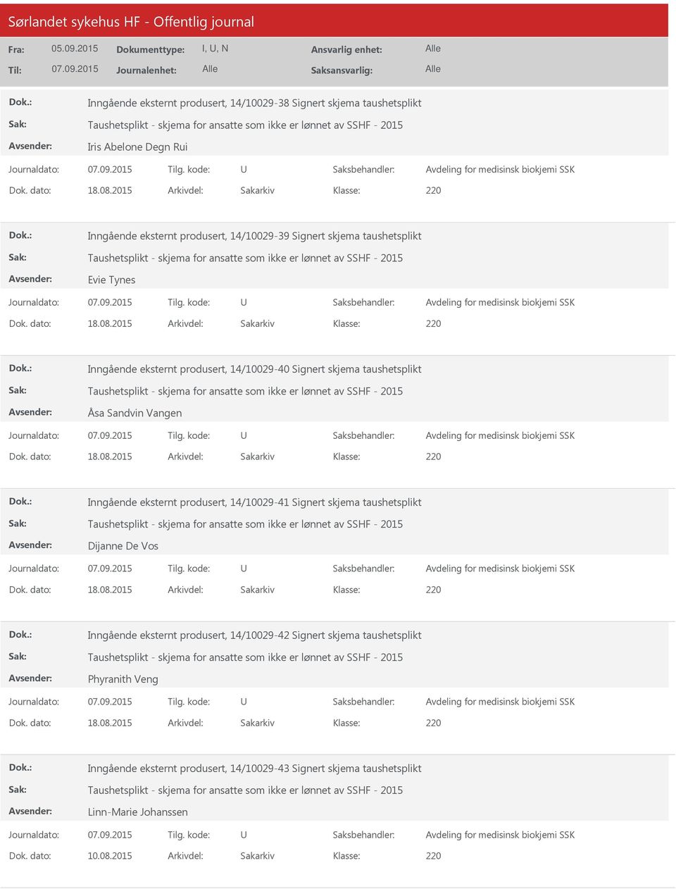 2015 Arkivdel: Sakarkiv Inngående eksternt produsert, 14/10029-39 Signert skjema taushetsplikt Taushetsplikt - skjema for ansatte som ikke er lønnet av SSHF - 2015 Evie Tynes Avdeling for medisinsk