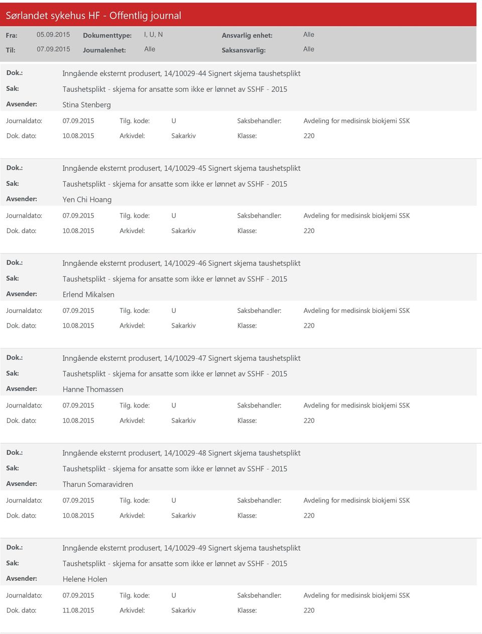 2015 Arkivdel: Sakarkiv Inngående eksternt produsert, 14/10029-45 Signert skjema taushetsplikt Taushetsplikt - skjema for ansatte som ikke er lønnet av SSHF - 2015 Yen Chi Hoang Avdeling for