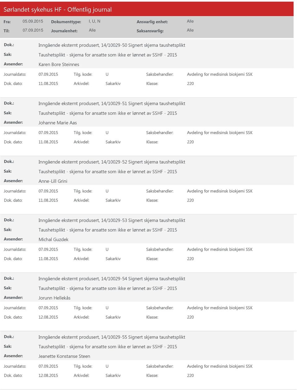 2015 Arkivdel: Sakarkiv Inngående eksternt produsert, 14/10029-51 Signert skjema taushetsplikt Taushetsplikt - skjema for ansatte som ikke er lønnet av SSHF - 2015 Johanne Marie Aas Avdeling for