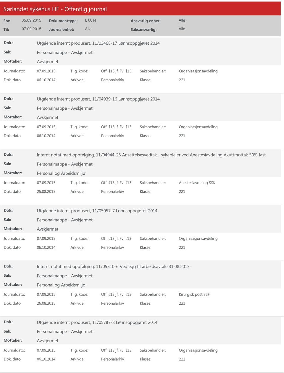 2014 Arkivdel: Personalarkiv Internt notat med oppfølging, 11/04944-28 Ansettelsesvedtak - sykepleier ved Anestesiavdeling Akuttmottak 50% fast Personalmappe - Anestesiavdeling SSK Dok. dato: 25.08.