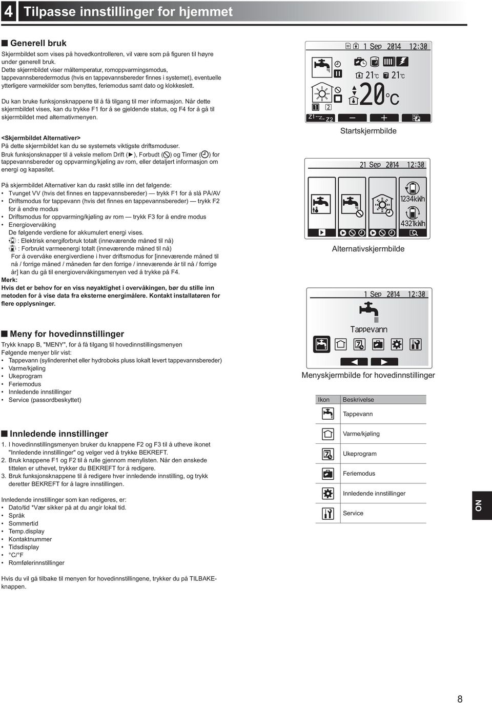 På dette skjermbildet kan du se systemets viktigste driftsmoduser. ) og Timer ( ) for tappevannsbereder og oppvarming/kjøling av rom, eller detaljert informasjon om energi og kapasitet.