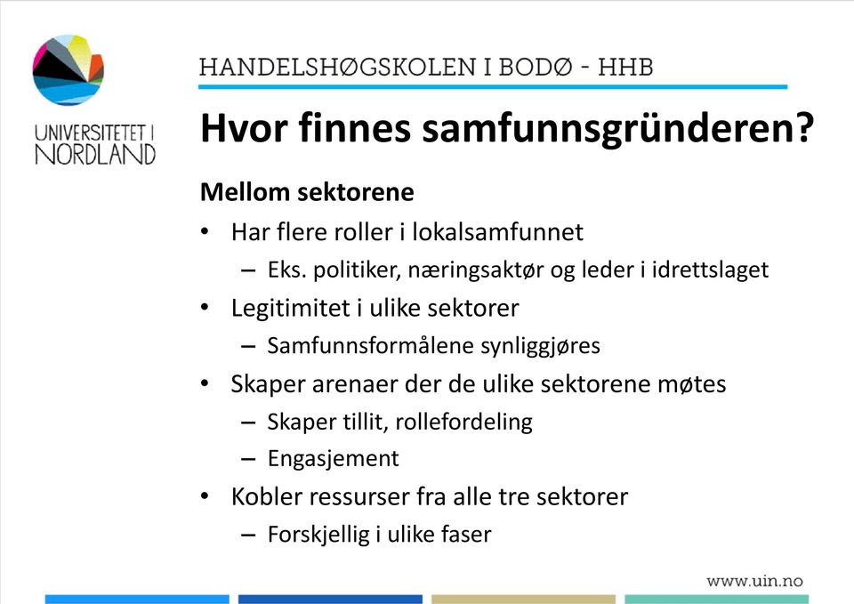 Samfunnsformålene synliggjøres Skaper arenaer der de ulike sektorene møtes Skaper