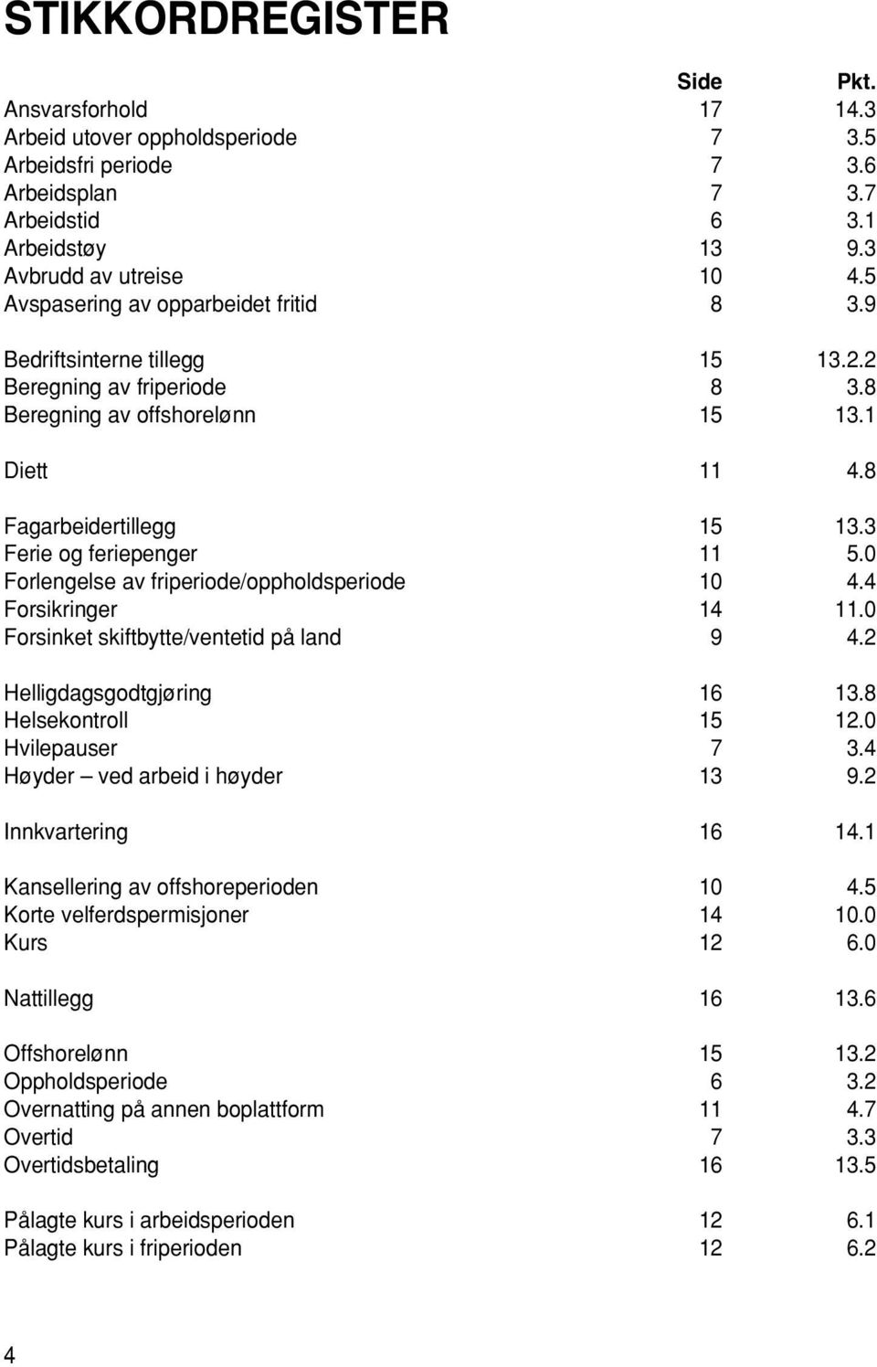 3 Ferie og feriepenger 11 5.0 Forlengelse av friperiode/oppholdsperiode 10 4.4 Forsikringer 14 11.0 Forsinket skiftbytte/ventetid på land 9 4.2 Helligdagsgodtgjøring 16 13.8 Helsekontroll 15 12.