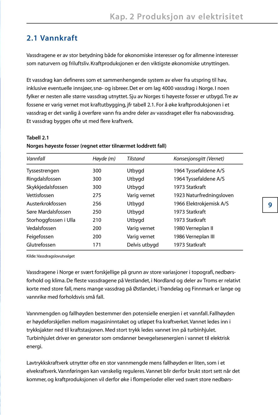 I noen fylker er nesten alle større vassdrag utnyttet. Sju av Norges ti høyeste fosser er utbygd. Tre av fossene er varig vernet mot kraftutbygging, jfr tabell 2.1.