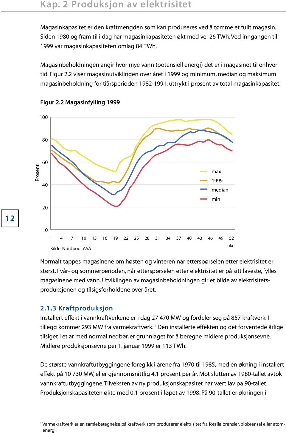 2 viser magasinutviklingen over året i 1999 og minimum, median og maksimum magasinbeholdning for tiårsperioden 1982-1991, uttrykt i prosent av total magasinkapasitet. Figur 2.