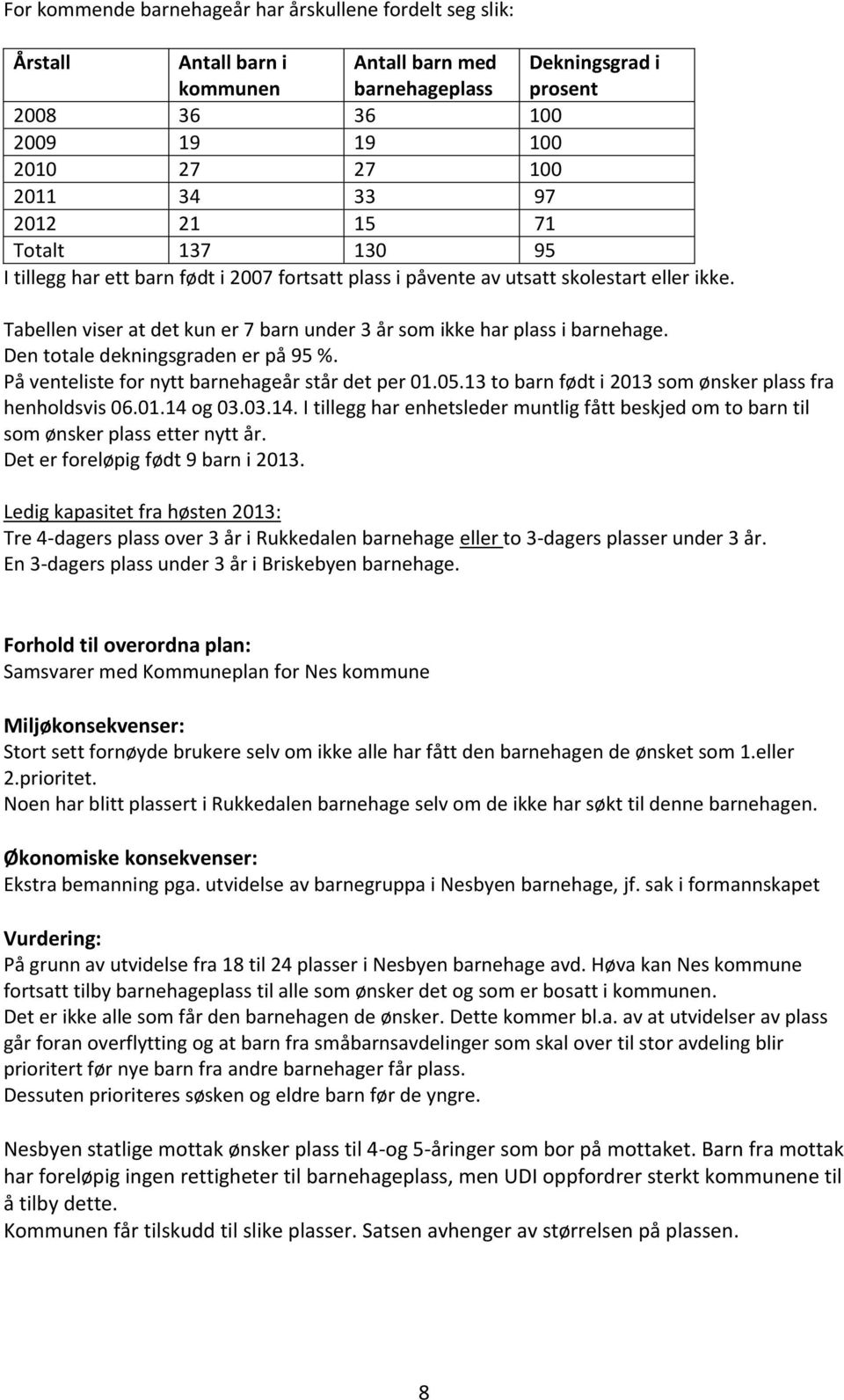 Tabellen viser at det kun er 7 barn under 3 år som ikke har plass i barnehage. Den totale dekningsgraden er på 95 %. På venteliste for nytt barnehageår står det per 01.05.