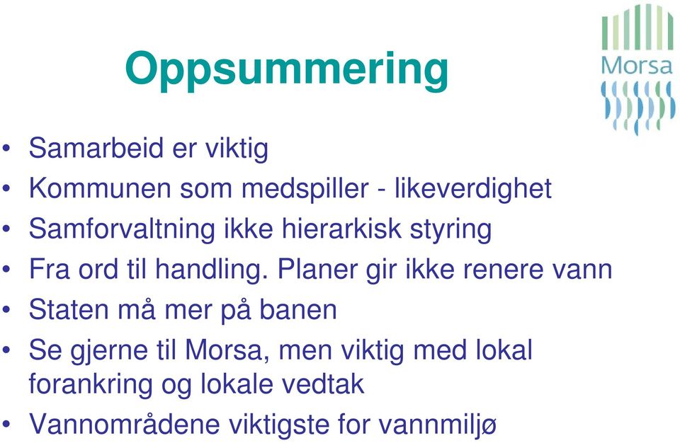 Planer gir ikke renere vann Staten må mer på banen Se gjerne til Morsa,