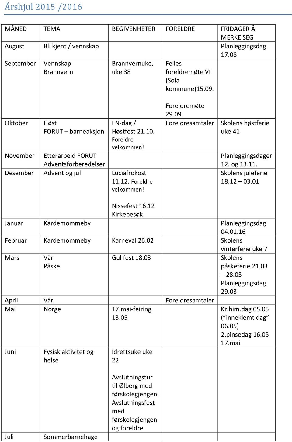 November Etterarbeid FORUT Adventsforberedelser Desember Advent og jul Luciafrokost 11.12. Foreldre velkommen! Foreldremøte 29.09. Foreldresamtaler Skolens høstferie uke 41 Planleggingsdager 12.