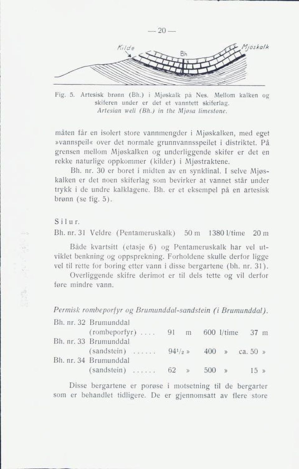 På grensen mellom Mjøskalken og underliggende skifer er det en rekke naturlige oppkommer (kilder) i Mjøstraktene. Bh. nr. 30 er boret i midten av en synklinal.