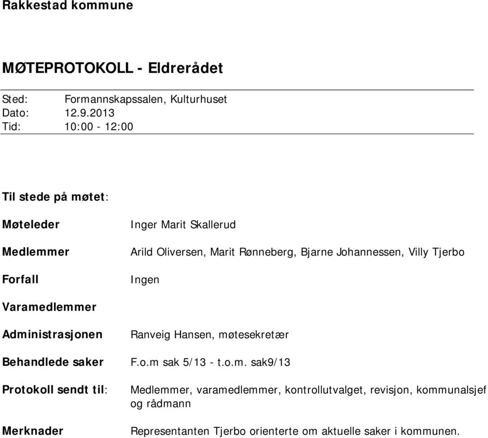 Johannessen, Villy Tjerbo Ingen Varamedlemmer Administrasjonen Behandlede saker Protokoll sendt til: Merknader Ranveig Hansen,