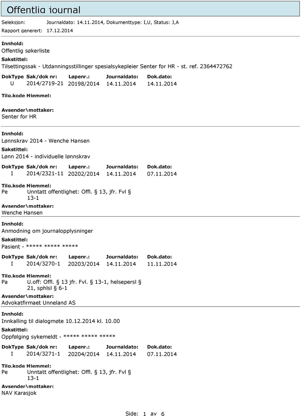 2364472762 U 2014/2719-21 20198/2014 Senter for HR nnhold: Lønnskrav 2014 - Wenche Hansen Lønn 2014 - individuelle lønnskrav 2014/2321-11 20202/2014 Wenche