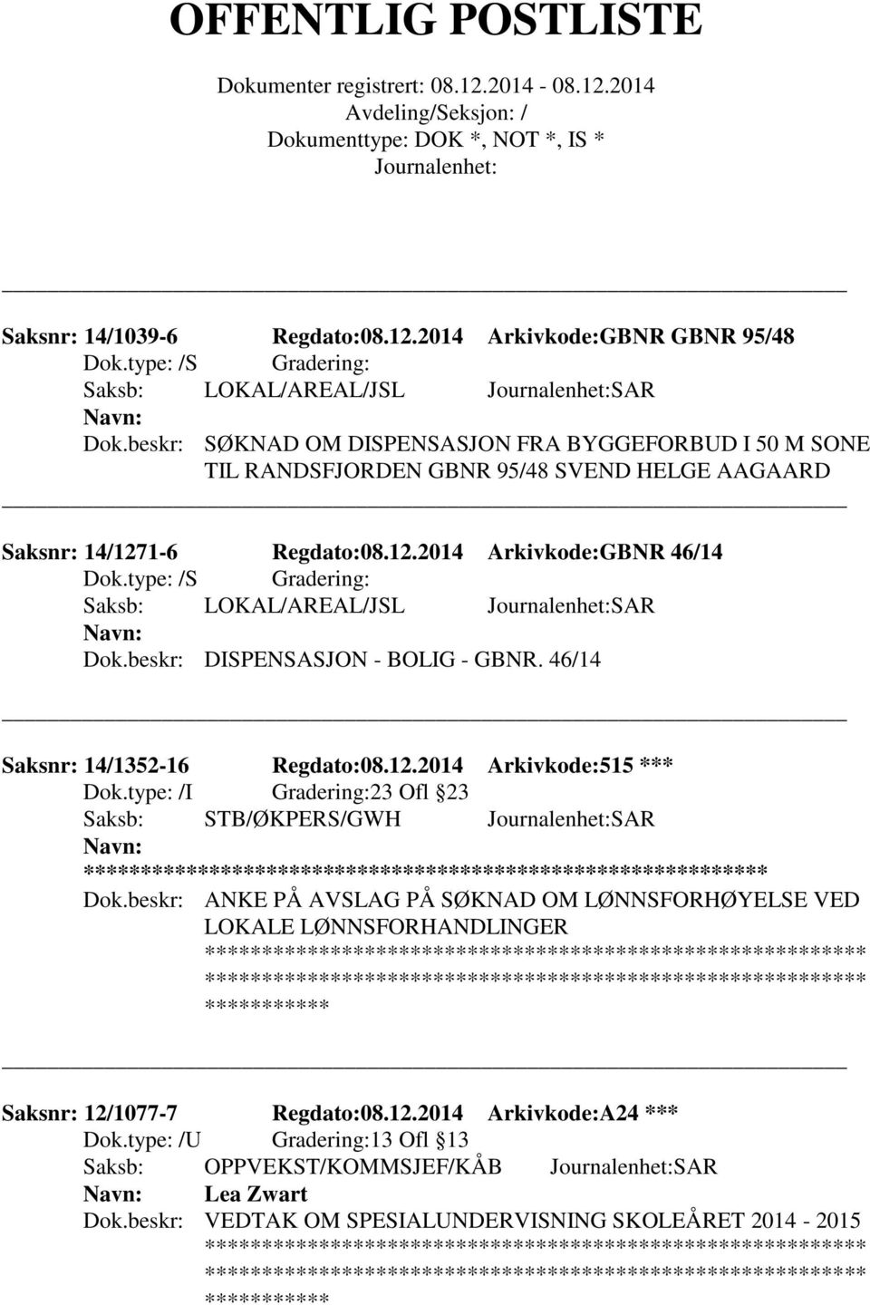 type: /S Gradering: Saksb: LOKAL/AREAL/JSL SAR Dok.beskr: DISPENSASJON - BOLIG - GBNR. 46/14 Saksnr: 14/1352-16 Regdato:08.12.