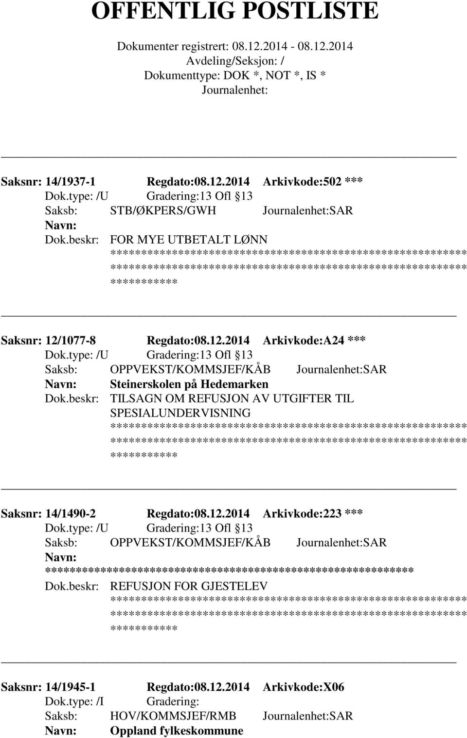 type: /U Gradering:13 Ofl 13 Saksb: OPPVEKST/KOMMSJEF/KÅB SAR Steinerskolen på Hedemarken Dok.