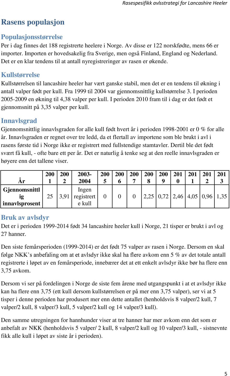 Kullstørrelse Kullstørrelsen til lancashire heeler har vært ganske stabil, men det er en tendens til økning i antall valper født per kull. Fra 1999 til 2004 var gjennomsnittlig kullstørrelse 3.