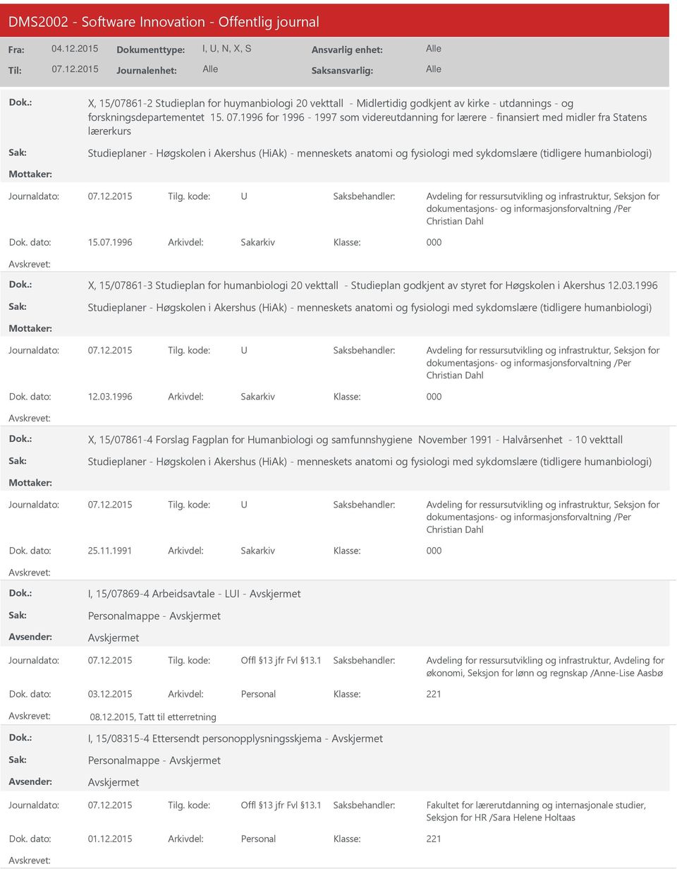 humanbiologi) Dok. dato: 15.07.1996 Arkivdel: Sakarkiv 000 X, 15/07861-3 Studieplan for humanbiologi 20 vekttall - Studieplan godkjent av styret for Høgskolen i Akershus 12.03.