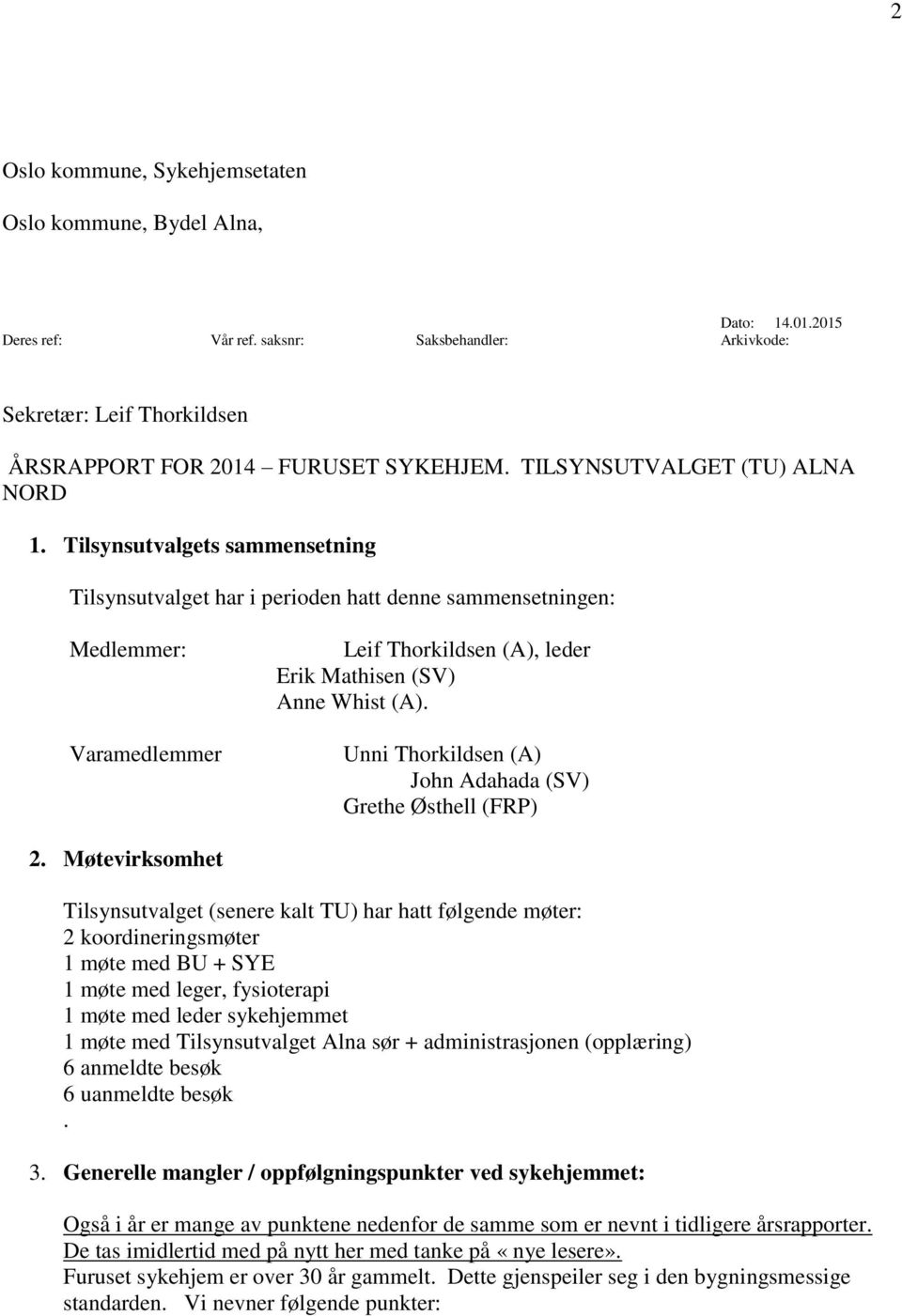 Tilsynsutvalgets sammensetning Tilsynsutvalget har i perioden hatt denne sammensetningen: Medlemmer: Varamedlemmer Leif Thorkildsen (A), leder Erik Mathisen (SV) Anne Whist (A).