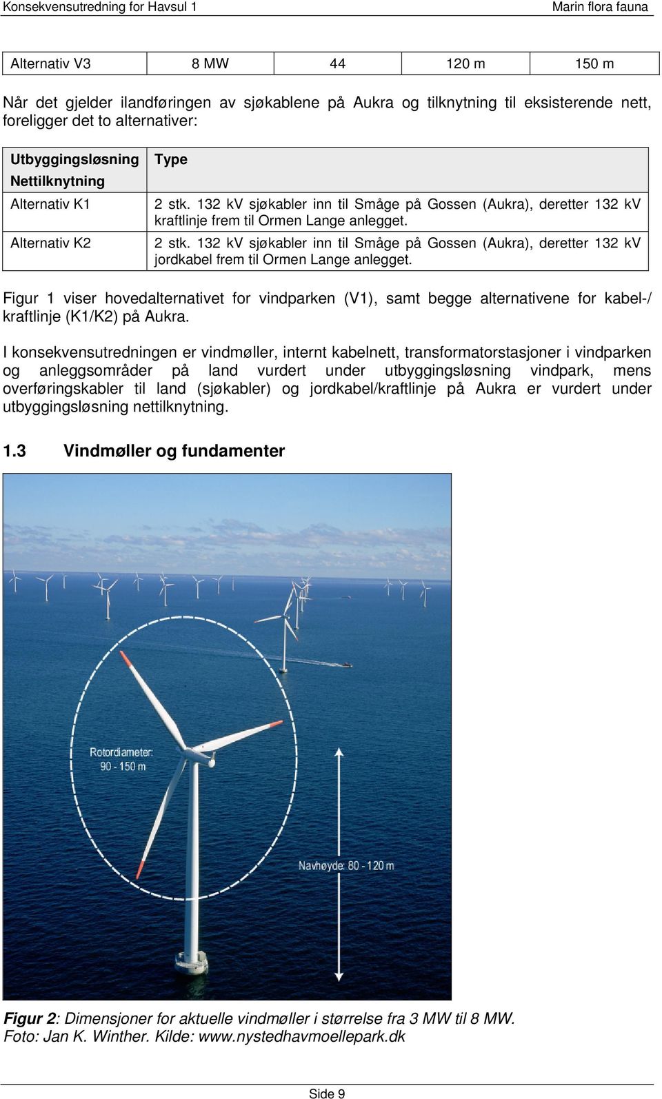 Figur 1 viser hovedalternativet for vindparken (V1) samt begge alternativene for kabel-/ kraftlinje (K1/K2) på Aukra.