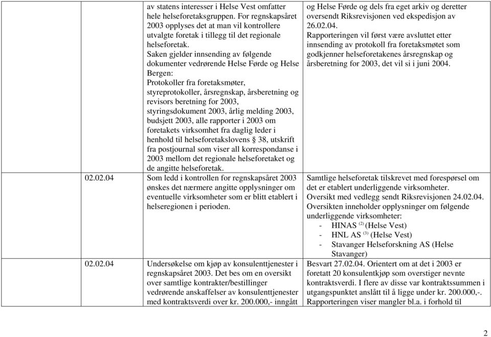 styringsdokument 2003, årlig melding 2003, budsjett 2003, alle rapporter i 2003 om foretakets virksomhet fra daglig leder i henhold til helseforetakslovens 38, utskrift fra postjournal som viser all