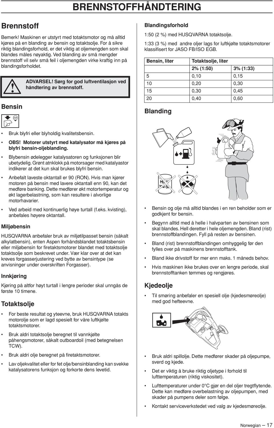 Ved blanding av små mengder brennstoff vil selv små feil i oljemengden virke kraftig inn på blandingsforholdet. Bensin ADVARSEL Sørg for god luftventilasjon ved håndtering av brennstoff.