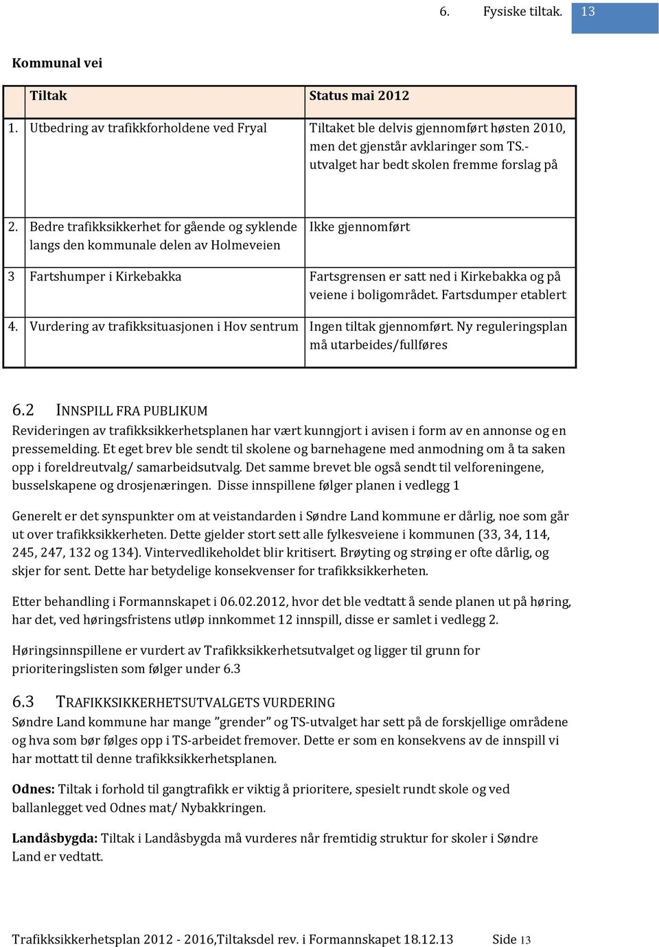 Bedre trafikksikkerhet for gående og syklende langs den kommunale delen av Holmeveien Ikke gjennomført 3 Fartshumper i Kirkebakka Fartsgrensen er satt ned i Kirkebakka og på veiene i boligområdet.