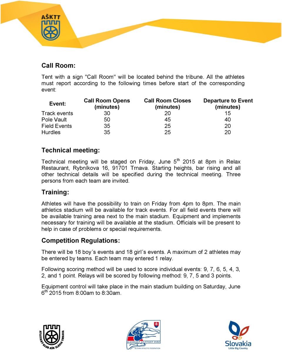 events 30 20 15 Pole Vault 50 45 40 Field Events 35 25 20 Hurdles 35 25 20 Technical meeting: Technical meeting will be staged on Friday, June 5 th 2015 at 8pm in Relax Restaurant, Rybníkova 16,