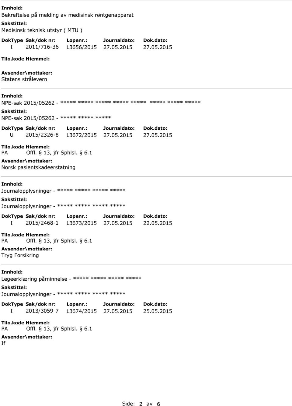 2015/2326-8 13672/2015 Norsk pasientskadeerstatning nnhold: 2015/2468-1 13673/2015 Tryg