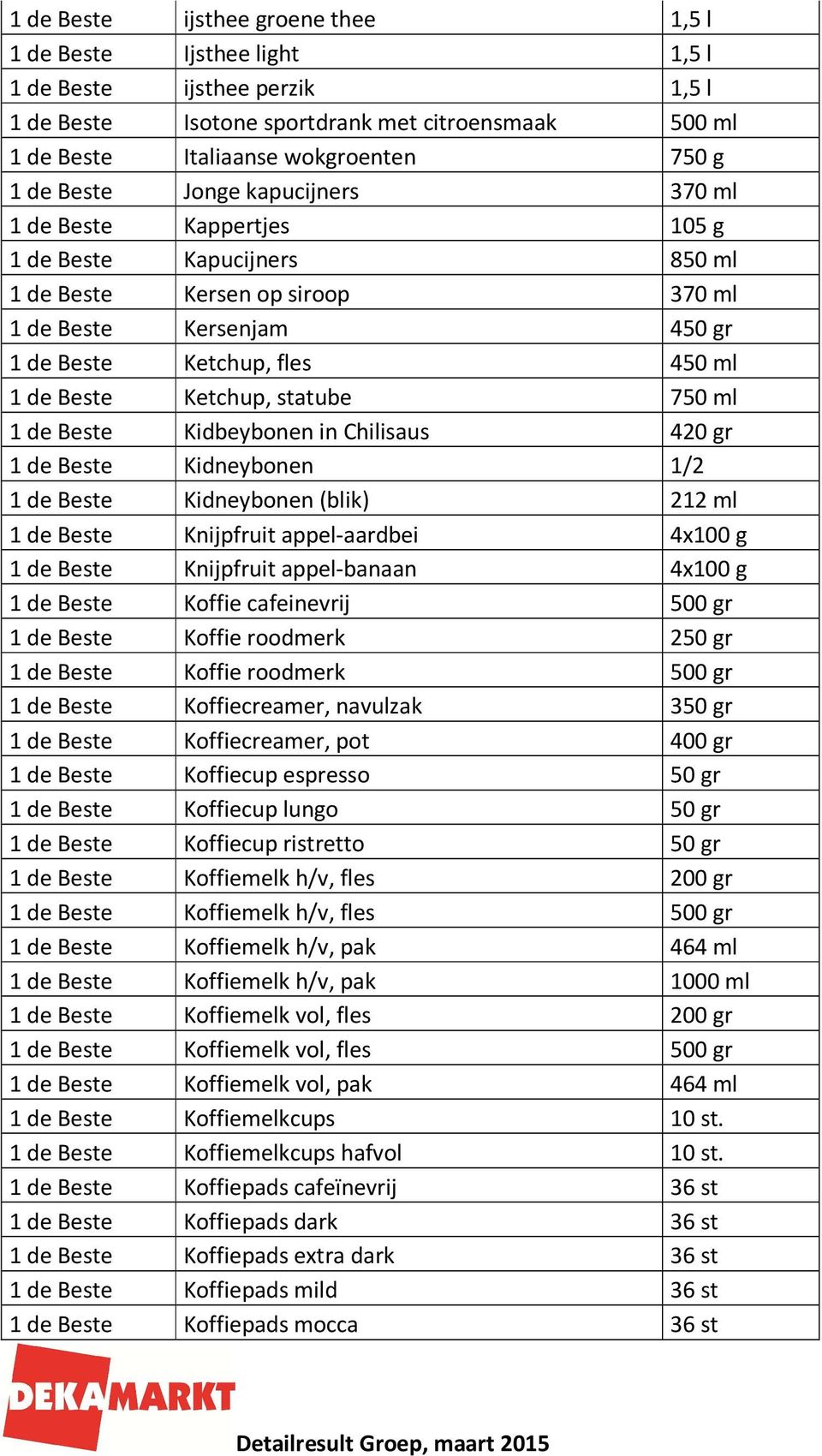 Ketchup, statube 750 ml 1 de Beste Kidbeybonen in Chilisaus 420 gr 1 de Beste Kidneybonen 1/2 1 de Beste Kidneybonen (blik) 212 ml 1 de Beste Knijpfruit appel-aardbei 4x100 g 1 de Beste Knijpfruit