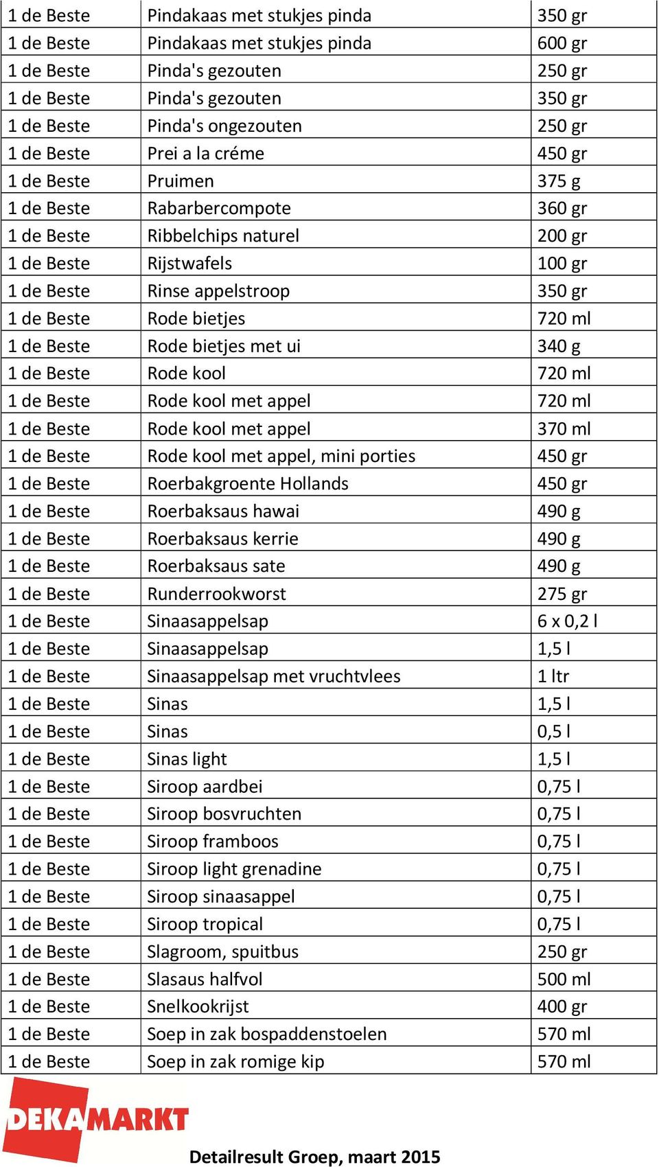 de Beste Rode bietjes 720 ml 1 de Beste Rode bietjes met ui 340 g 1 de Beste Rode kool 720 ml 1 de Beste Rode kool met appel 720 ml 1 de Beste Rode kool met appel 370 ml 1 de Beste Rode kool met