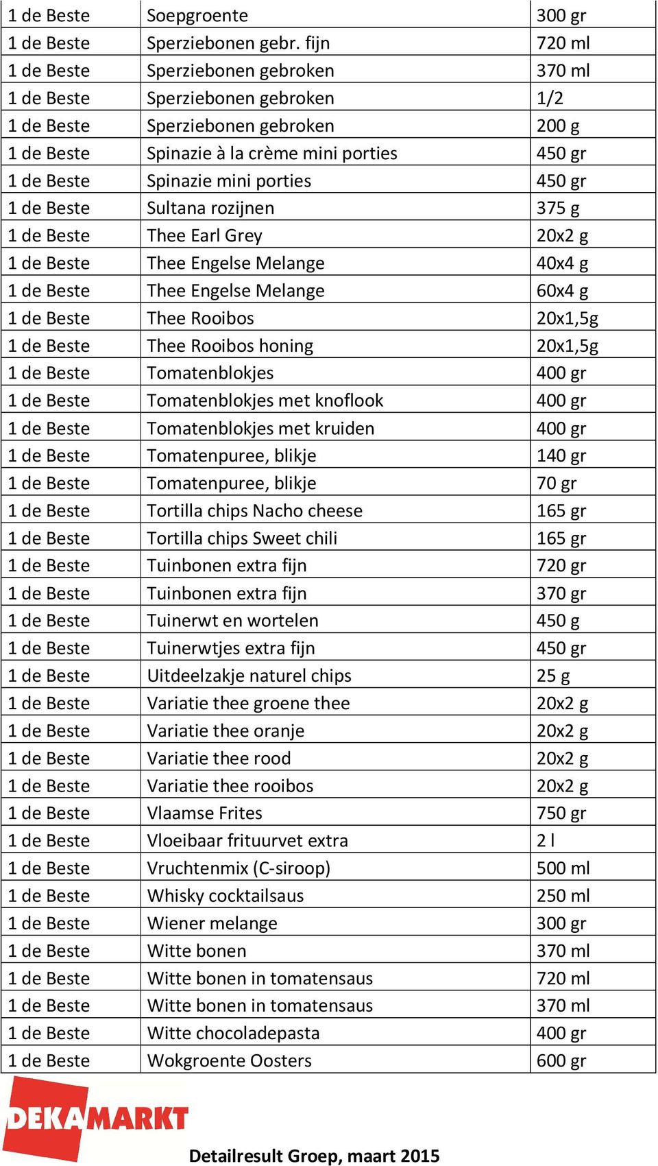 mini porties 450 gr 1 de Beste Sultana rozijnen 375 g 1 de Beste Thee Earl Grey 20x2 g 1 de Beste Thee Engelse Melange 40x4 g 1 de Beste Thee Engelse Melange 60x4 g 1 de Beste Thee Rooibos 20x1,5g 1