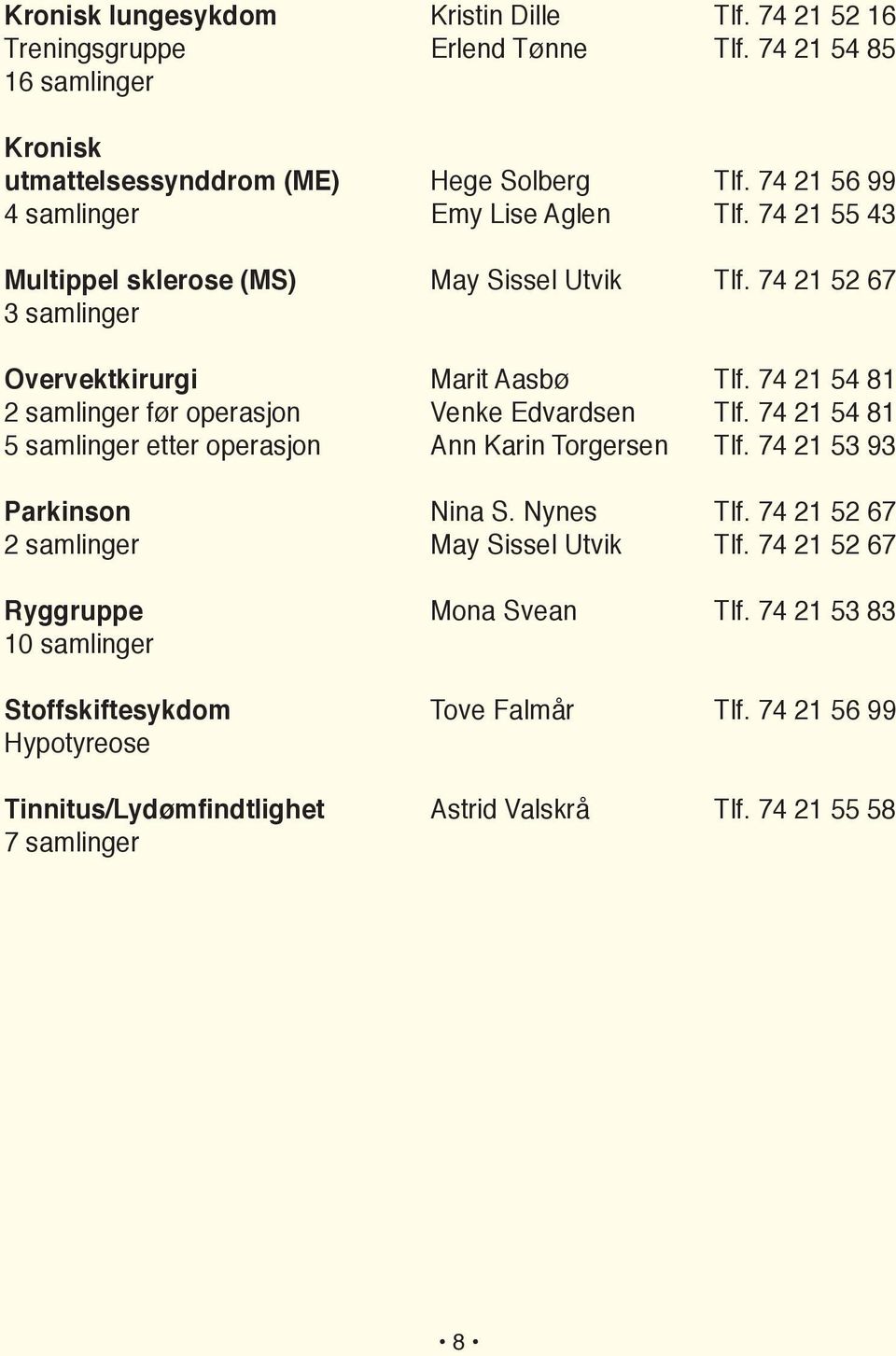 74 21 54 81 2 samlinger før operasjon Venke Edvardsen Tlf. 74 21 54 81 5 samlinger etter operasjon Ann Karin Torgersen Tlf. 74 21 53 93 Parkinson Nina S. Nynes Tlf.